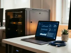 Laptop mit Dashboard-Interface auf weißem Schreibtisch, daneben LAN-Kabel und Topfpflanze, Serverrack im Hintergrund.