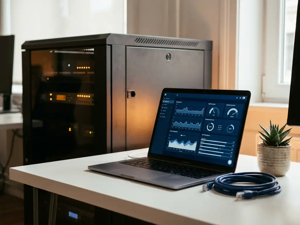 Laptop mit Dashboard-Interface auf weißem Schreibtisch, daneben LAN-Kabel und Topfpflanze, Serverrack im Hintergrund.
