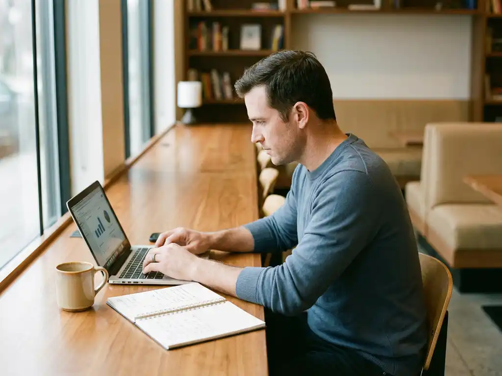 Trainer prüft Kursmaterialien auf Laptop im modernen Arbeitsbereich, Notizbuch und Kaffeetasse daneben, warmes Seitenlicht.