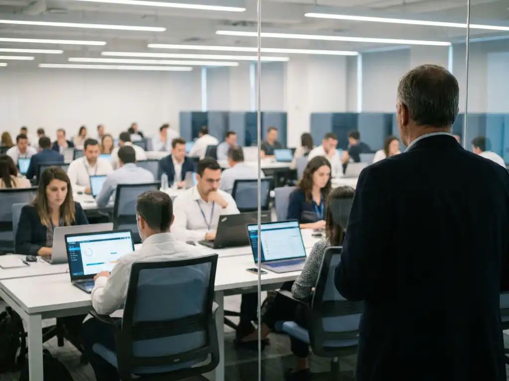 Mitarbeiter in einem modernen Glaskonferenzsaal bei einer Unternehmensschulung an Laptops, beobachtet von einem Manager im Vordergrund.
