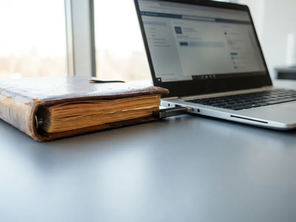 Veralteter Lederordner mit Papierzertifikaten neben modernem Laptop auf Schreibtisch, verbunden durch einen USB-Stick.