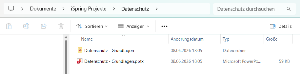 iSpring Projekt enth&auml;lt die PowerPoint Datei und den Projektordner