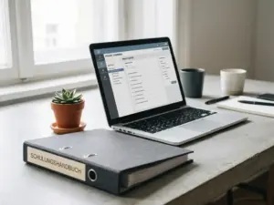 Laptop mit Autorentool-Oberfläche neben einem dicken Schulungsordner auf einem modernen Büroschreibtisch mit kleiner Sukkulente.