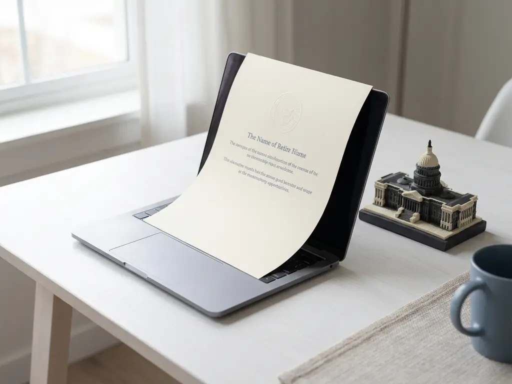 Ausgedrucktes Schulungszertifikat mit geprägtem Siegel auf einem Laptop neben einem Regierungsgebäude-Modell auf weißem Schreibtisch.