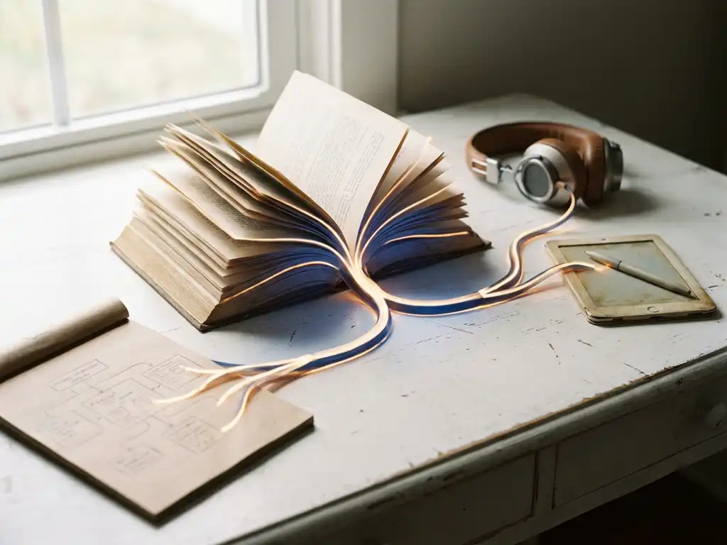 Aufgeschlagenes Buch, das sich in leuchtende Lernpfade verzweigt und zu Diagramm, Headset und Notizblock führt, warmes Seitenlicht.