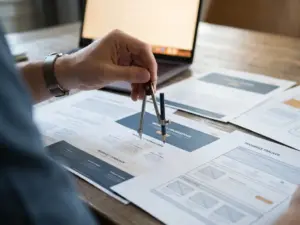 Hand hält einen Zirkel über ausgedruckte E-Learning-Kurs-Mockups auf einem Schreibtisch, Laptop im Hintergrund, natürliches Seitenlicht.