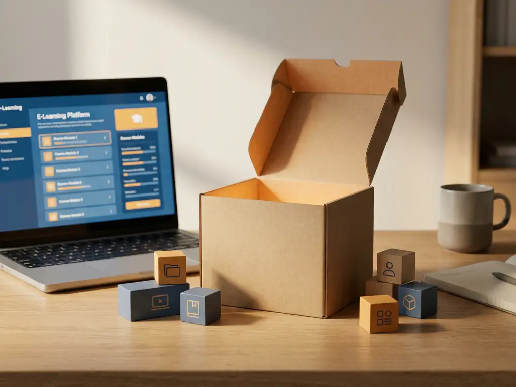 Offene Versandbox auf modernem Schreibtisch neben Laptop mit E-Learning-Kurs, umgeben von modularen Kursblöcken in Blau und Amber.