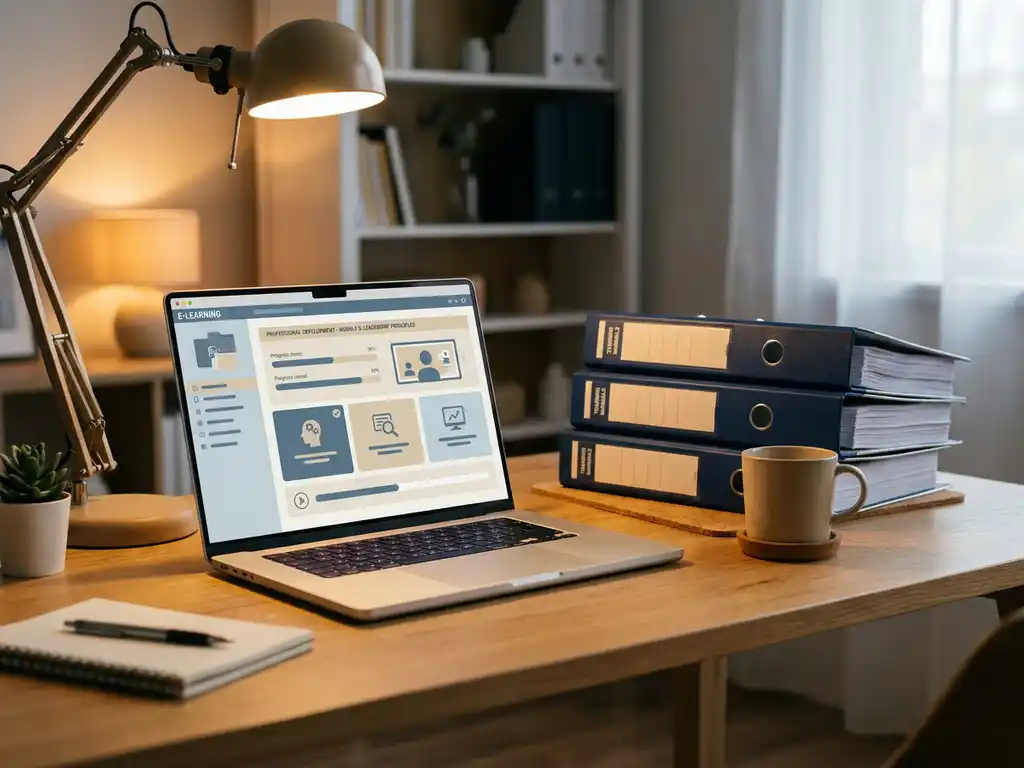 Laptop mit E-Learning-Kurs auf modernem Schreibtisch neben Schulungsordnern, beleuchtet von warmem Schreibtischlicht.