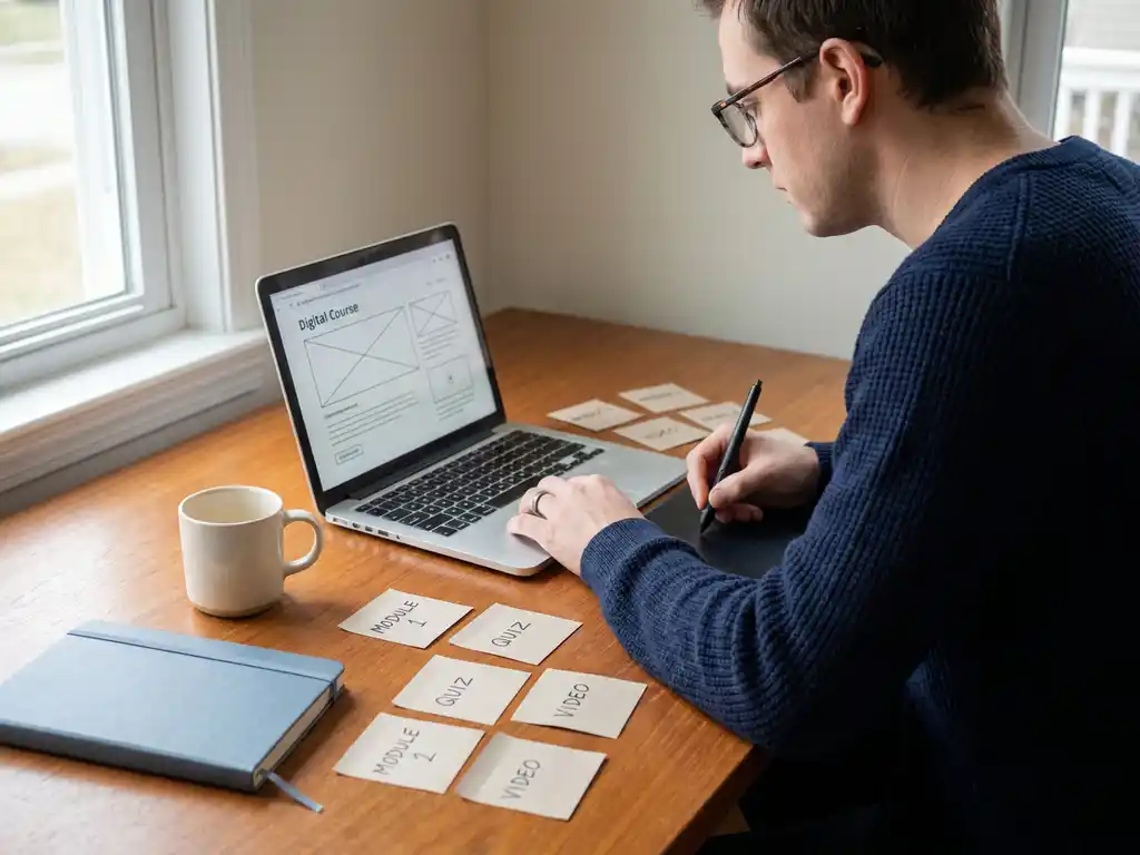 Fachkraft erstellt interaktives E-Learning-Modul am Laptop, umgeben von Kursstrukturkarten und Eingabestift auf modernem Schreibtisch.