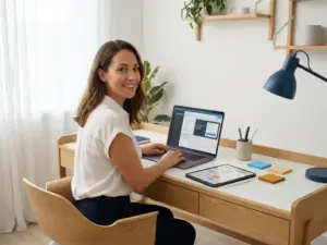 Content Creator entwickelt ein E-Learning-Modul am Laptop, umgeben von Stiften und farbigen Haftnotizen in hellem Workspace.