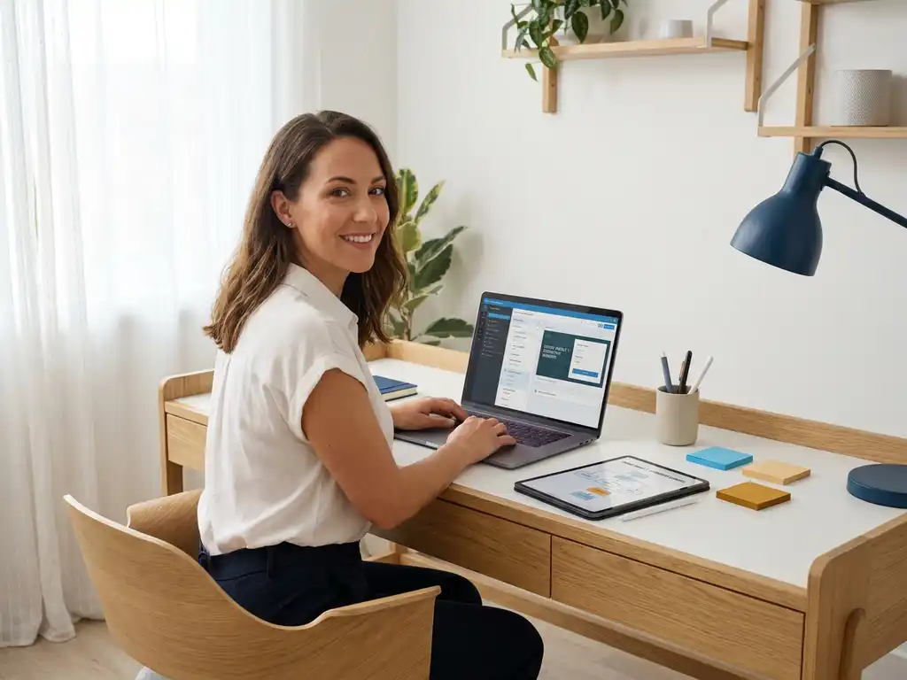 Content Creator entwickelt ein E-Learning-Modul am Laptop, umgeben von Stiften und farbigen Haftnotizen in hellem Workspace.