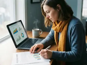 Fachkraft prüft gedruckten Fortschrittsbericht neben Laptop mit Balkendiagrammen, Kaffeetasse auf modernem Schreibtisch, natürliches Fensterlicht.