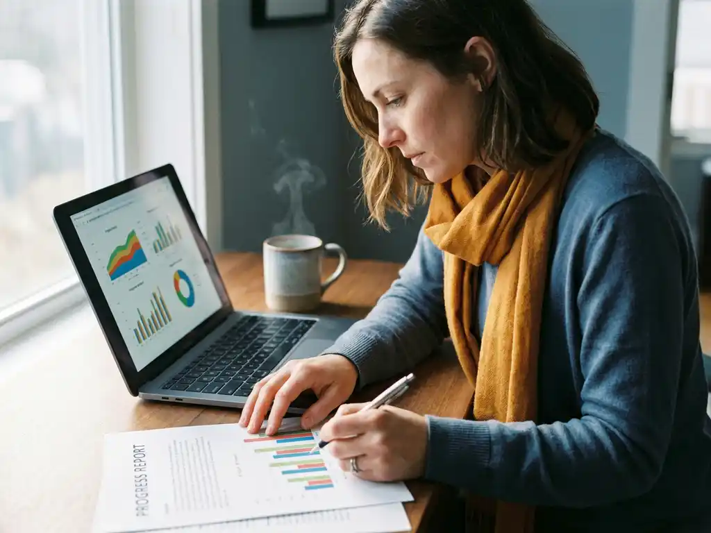 Fachkraft prüft gedruckten Fortschrittsbericht neben Laptop mit Balkendiagrammen, Kaffeetasse auf modernem Schreibtisch, natürliches Fensterlicht.