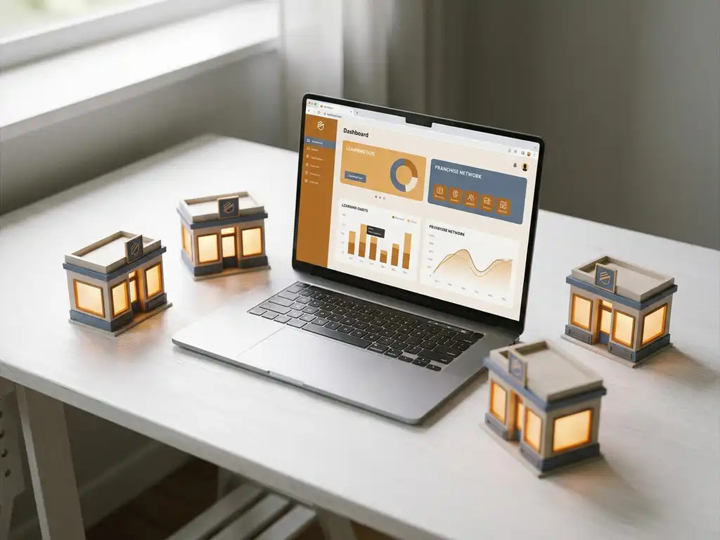 Laptop mit zentralem Lern-Dashboard, umgeben von fünf miniaturisierten Franchise-Filialen auf weißem Schreibtisch.