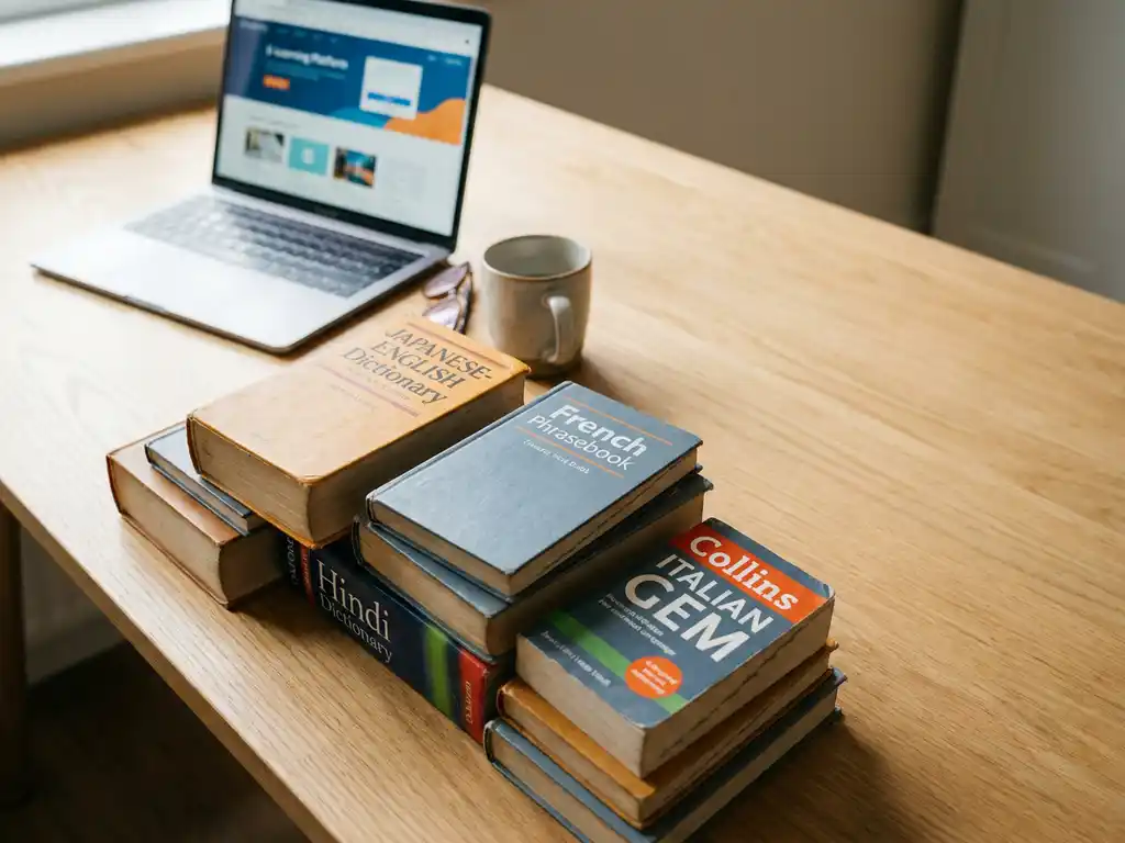 Gestapelte Wörterbücher und Sprachführer verschiedener Länder auf modernem Schreibtisch, Laptop mit E-Learning-Interface im Hintergrund.