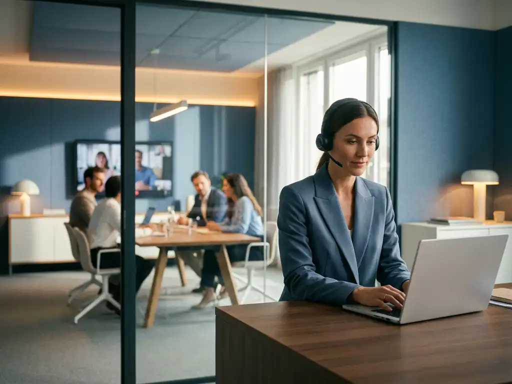 Mitarbeiterin mit Headset am modernen Schreibtisch vor Laptop, im Hintergrund Glaskonferenzraum mit Team, hybrides Arbeitsumfeld.