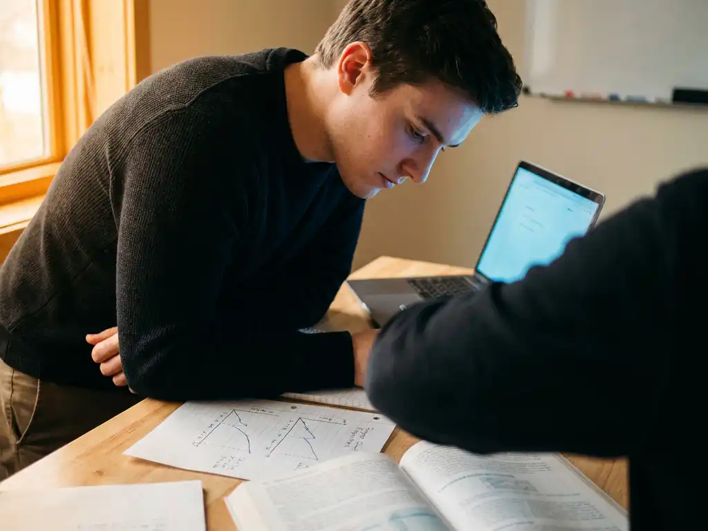 Junger Berufstätiger am modernen Schreibtisch mit Laptop, Lernmaterialien und Fortschrittsdiagrammen im warmen Umgebungslicht.