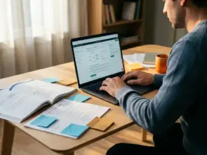 Fachkraft überarbeitet E-Learning-Kurs am Laptop, umgeben von Kursmodulen und Haftnotizen auf modernem Schreibtisch.
