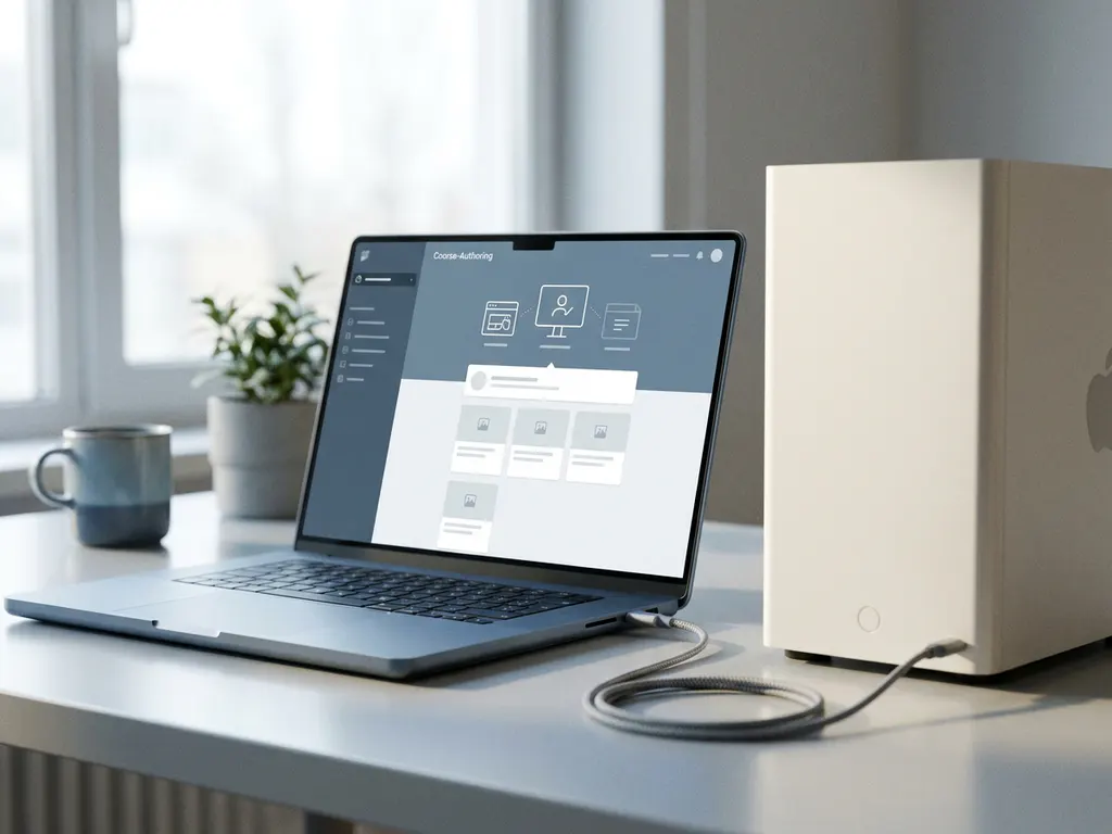Laptop mit Kursautorentool neben einem Desktop-PC, verbunden per USB-Kabel, auf einem modernen Schreibtisch im natürlichen Fensterlicht.