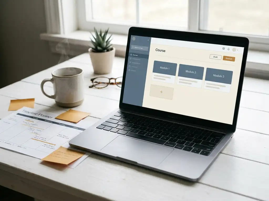 Laptop mit Kurs-Interface auf weißem Schreibtisch, umgeben von Zeitplaner, Haftnotizen und dampfender Kaffeetasse im Morgenlicht.