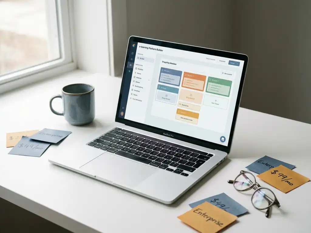 Laptop mit buntem E-Learning-Kursbuilder auf weißem Schreibtisch, umgeben von Haftnotizen mit Preisstufen und einer Kaffeetasse.