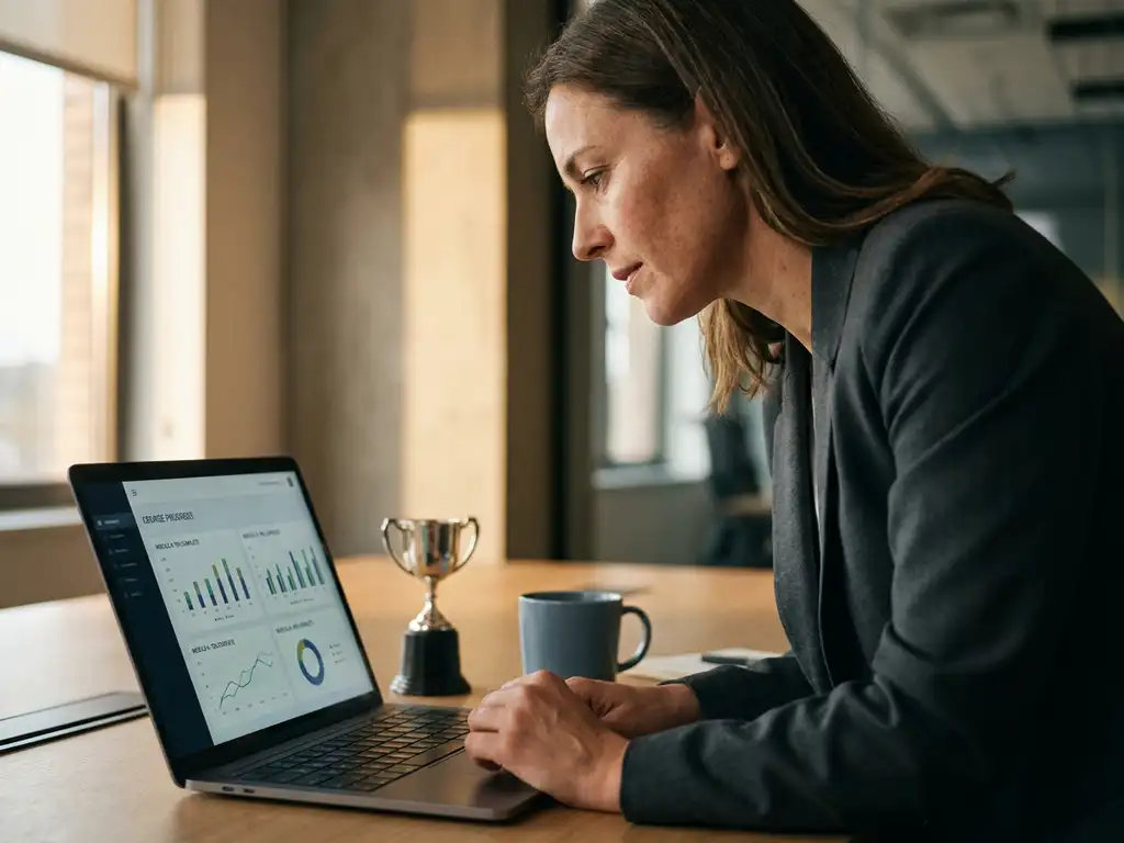 Fachkraft am Schreibtisch vor leuchtendem Laptop mit Kurs-Dashboard, Trophäe und Kaffeetasse im modernen Büro.