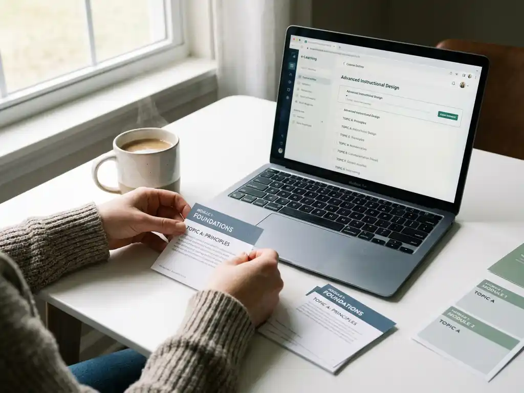 Hände arrangieren modulare Kurskarten auf weißem Schreibtisch neben Laptop mit E-Learning-Oberfläche und dampfender Kaffeetasse im Tageslicht.