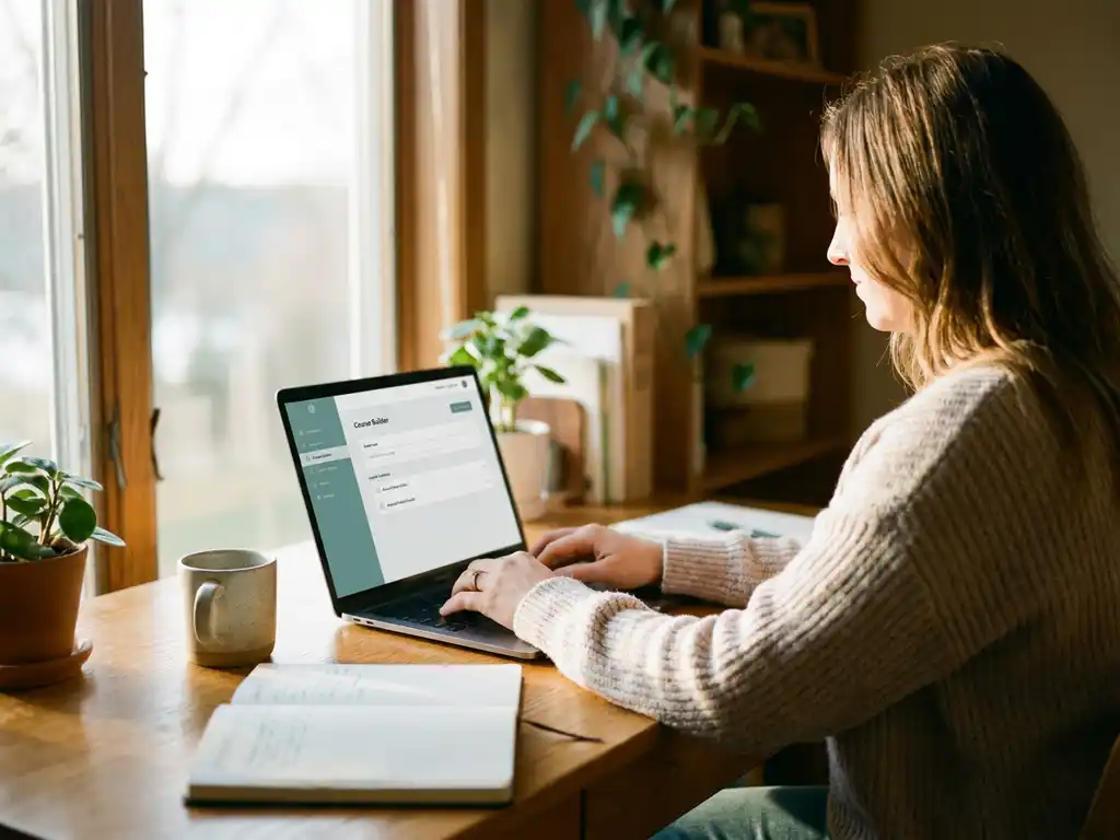 Selbstständige Person am Holzschreibtisch mit Laptop, Notizbuch und Kaffeetasse im warmen Bürolicht beim Online-Kurs erstellen.