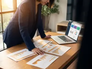 Geschäftsanalyst prüft Leistungsdiagramme und Wachstumsgrafiken am modernen Schreibtisch mit geöffnetem Laptop und Lern-Dashboard.