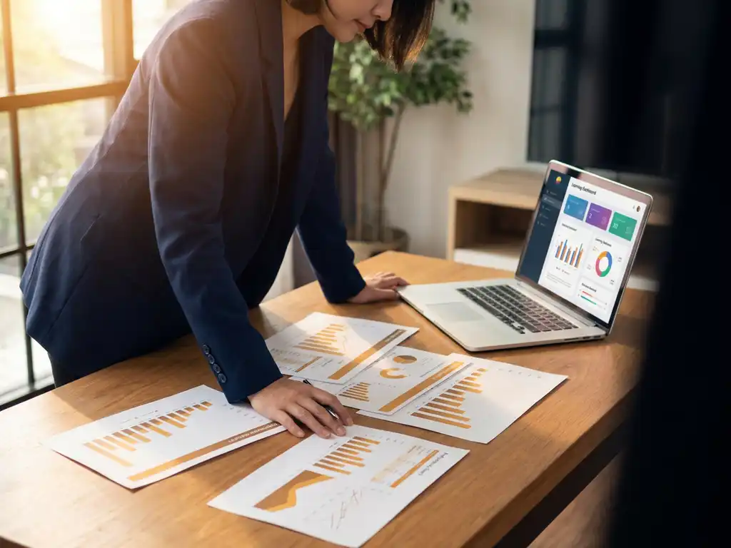 Geschäftsanalyst prüft Leistungsdiagramme und Wachstumsgrafiken am modernen Schreibtisch mit geöffnetem Laptop und Lern-Dashboard.