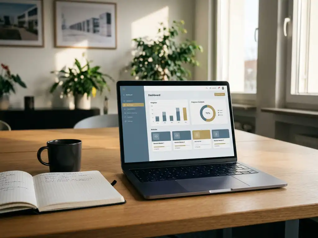 Laptop mit Lern-Dashboard auf aufgeräumtem Schreibtisch, daneben Notizbuch und Kaffeetasse, warmes Licht im modernen Büro.