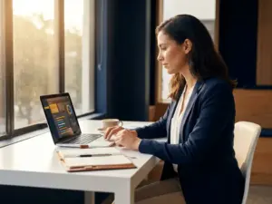 Berufstätiger arbeitet am Laptop mit personalisiertem Lern-Dashboard, Kaffeetasse und Notizbuch auf modernem Schreibtisch, warmes Fensterlicht.