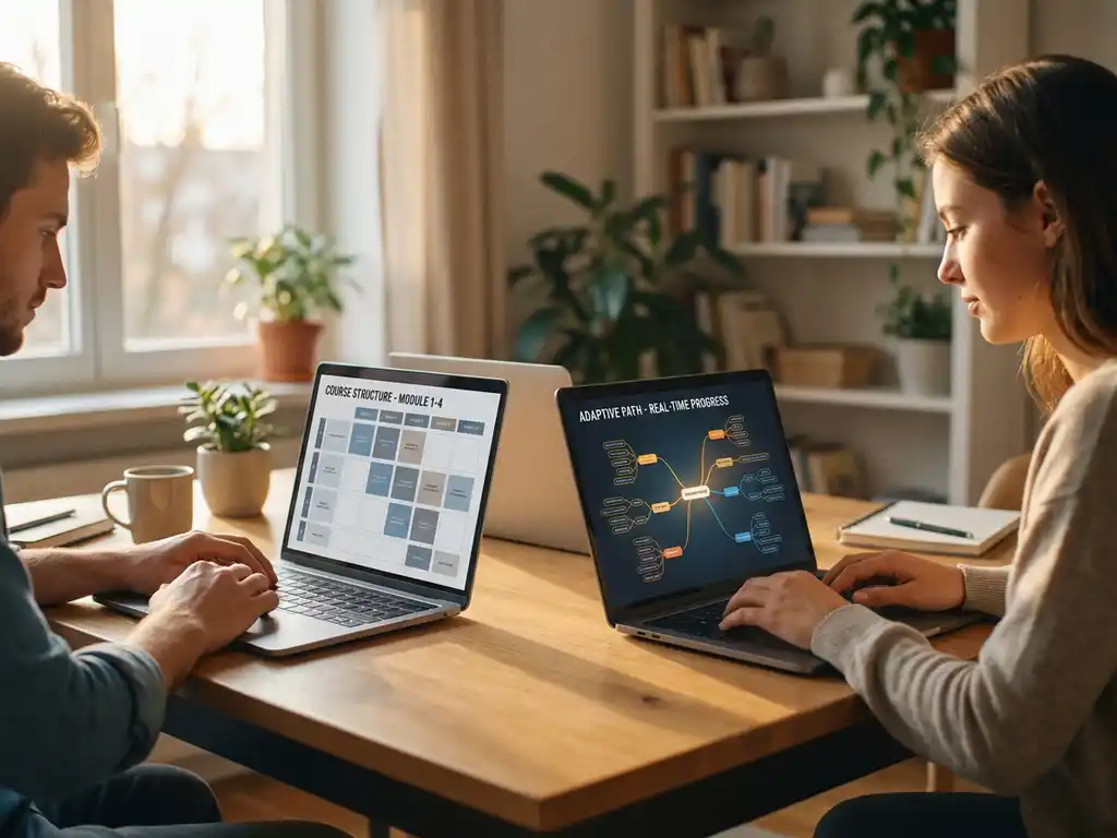 Zwei Lernende an einem Eichentisch vergleichen Laptops: einer zeigt ein starres Kursraster, der andere einen adaptiven Lernpfad.