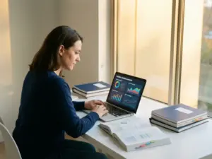 Erwachsener Lernender am modernen Schreibtisch mit Laptop-Dashboard, gestaffelten Lernmaterialien und warmem Sonnenlicht, ruhige motivierte Atmosphäre.