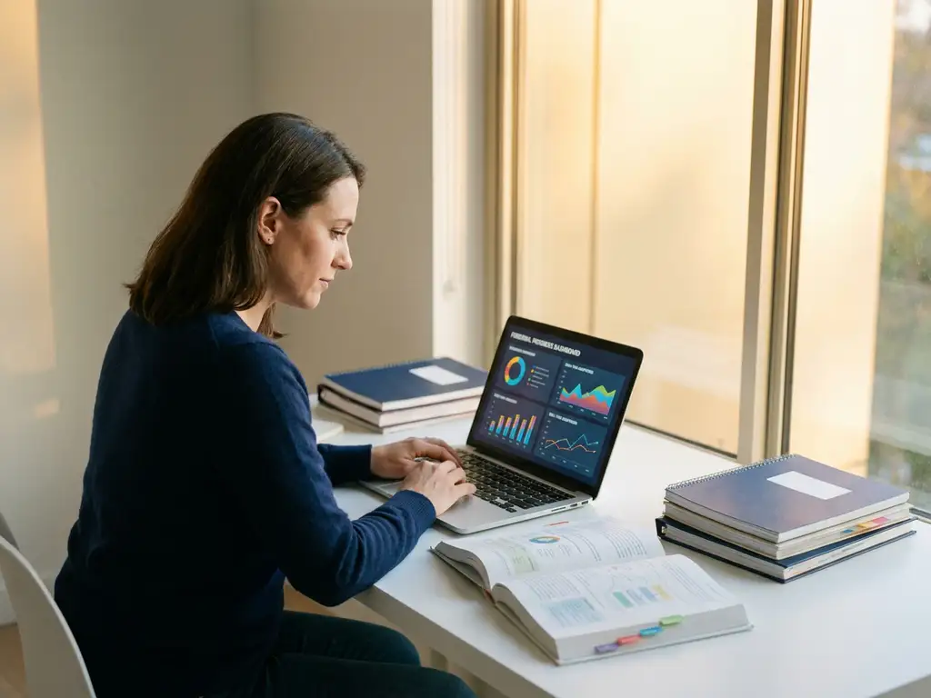 Erwachsener Lernender am modernen Schreibtisch mit Laptop-Dashboard, gestaffelten Lernmaterialien und warmem Sonnenlicht, ruhige motivierte Atmosphäre.
