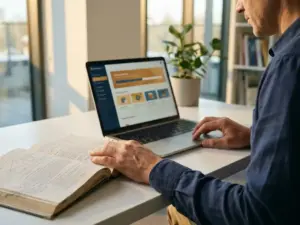 Lernender am modernen Schreibtisch mit offenem Lehrbuch und Laptop, der ein personalisiertes Kurs-Dashboard zeigt, warmes Nachmittagslicht.