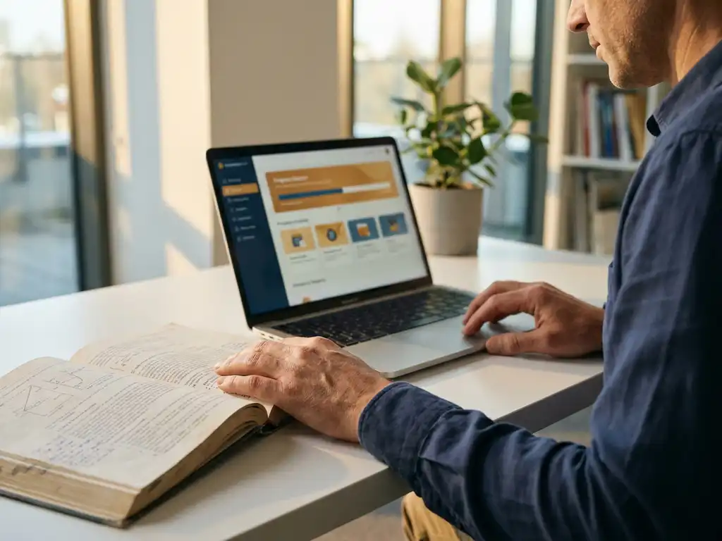 Lernender am modernen Schreibtisch mit offenem Lehrbuch und Laptop, der ein personalisiertes Kurs-Dashboard zeigt, warmes Nachmittagslicht.