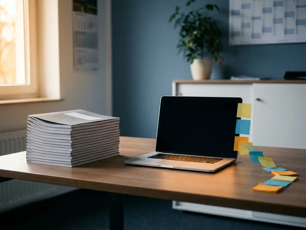 Lernerpult mit Stapel gedruckter Arbeitshefte neben leuchtendem Laptop, farbige Haftnotizen als personalisierte Lernpfade, modernes Büro.