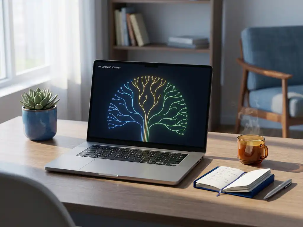 Schreibtisch im Homeoffice mit Laptop, der verzweigte Lernpfade zeigt, daneben Notizbuch und Kaffeetasse im Morgenlicht.