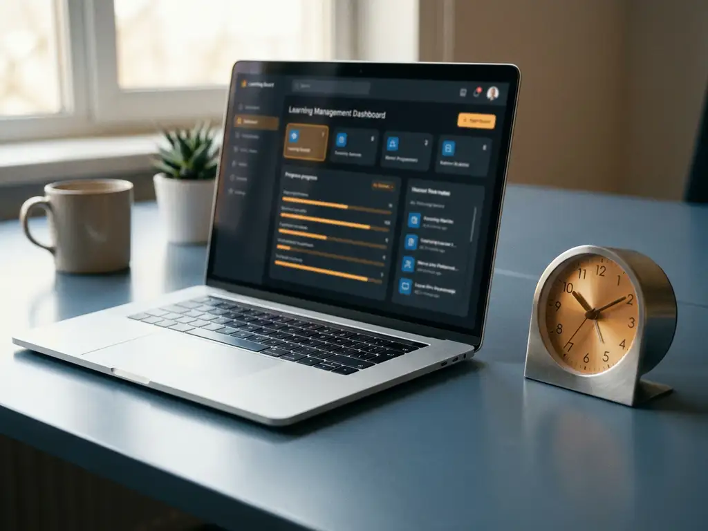 Laptop mit Lernmanagement-Dashboard auf modernem Schreibtisch neben analoger Uhr, warmes Seitenlicht, flache Schärfentiefe.