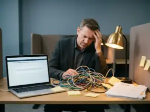 Lernmanager blickt frustriert auf verwirrte Ethernet-Kabel am modernen Büroschreibtisch mit leerem Kurs-Dashboard auf dem Laptop.