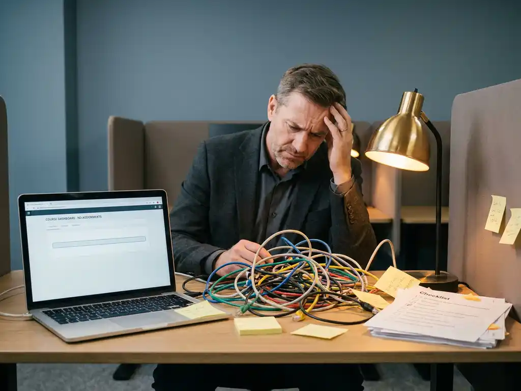 Lernmanager blickt frustriert auf verwirrte Ethernet-Kabel am modernen Büroschreibtisch mit leerem Kurs-Dashboard auf dem Laptop.