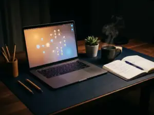 Laptop auf modernem Schreibtisch zeigt verzweigtes Lernpfad-Diagramm, daneben Kaffeetasse und Notizbuch, warmes Bildschirmlicht.