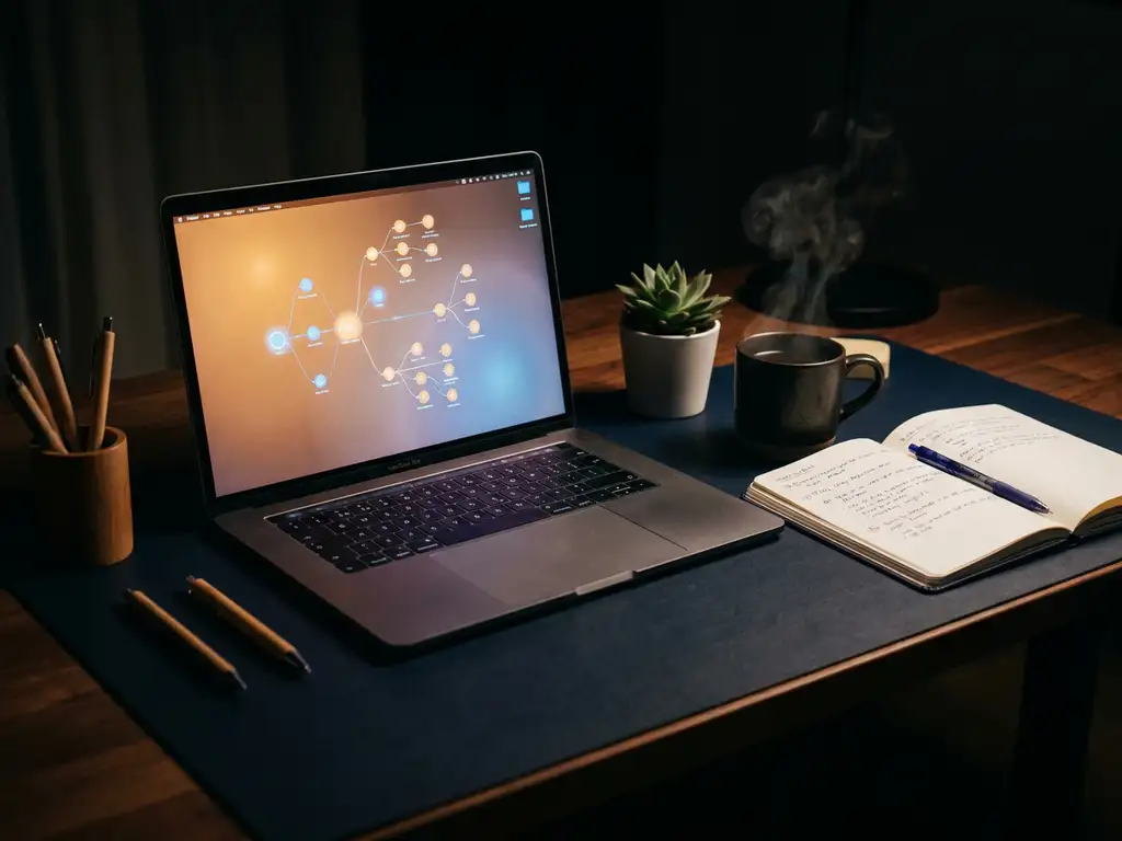 Laptop auf modernem Schreibtisch zeigt verzweigtes Lernpfad-Diagramm, daneben Kaffeetasse und Notizbuch, warmes Bildschirmlicht.