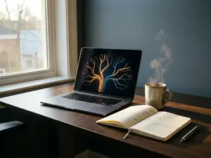 Laptop auf modernem Schreibtisch zeigt verzweigtes Lernpfad-Diagramm in Bernstein und Blau, daneben Kaffeetasse und Notizbuch.