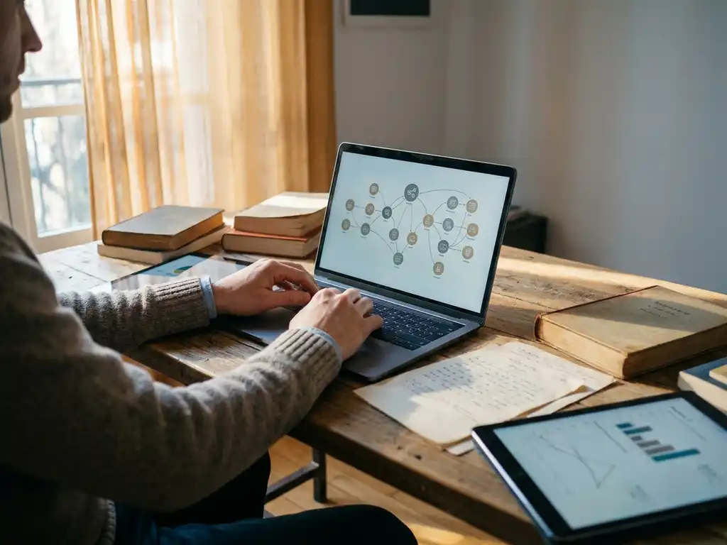 Lernender am modernen Schreibtisch mit Laptop, der ein verzweigtes Lernpfad-Diagramm zeigt, umgeben von Kursmaterialien in warmem Licht.