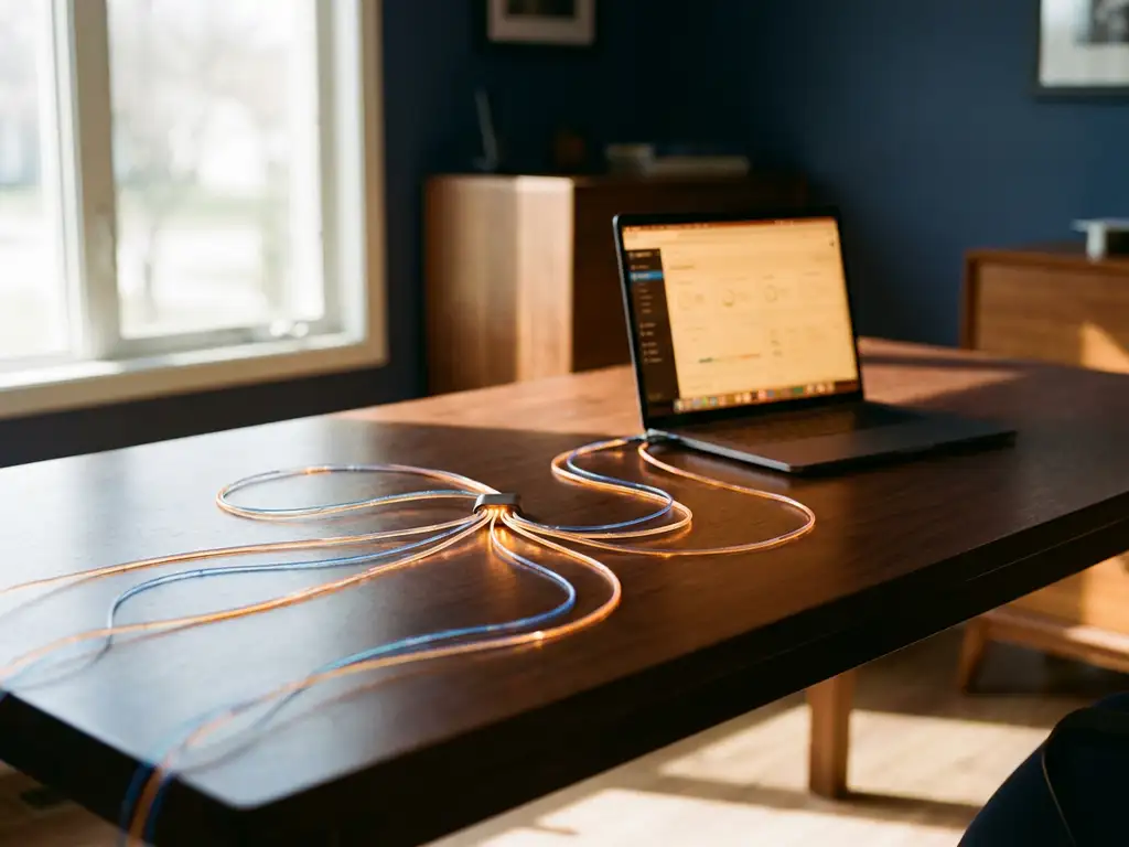Leuchtende Glasfaserkabel verzweigen sich auf einem modernen Schreibtisch, Laptop mit Dashboard im Hintergrund, navy-blaue und bernsteinfarbene Töne.
