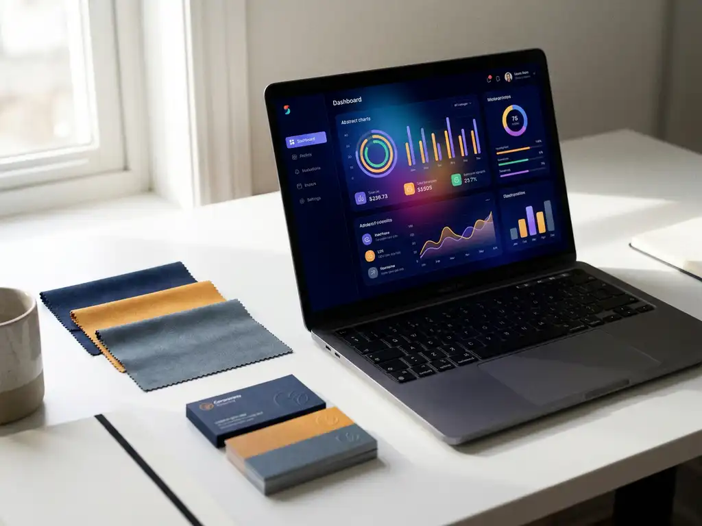 Laptop mit bunter Lernplattform-Oberfläche, flankiert von Farbmustern in Navy, Amber und Grau auf weißem Schreibtisch.