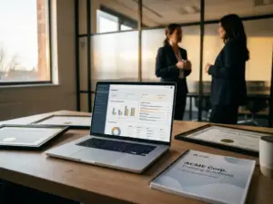 Laptop mit Corporate-LMS-Dashboard auf modernem Schreibtisch, umgeben von Schulungszertifikaten und einem Kurshandbuch, Büroatmosphäre im Hintergrund.