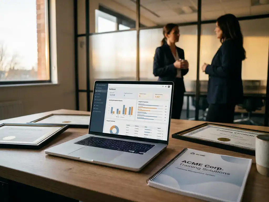 Laptop mit Corporate-LMS-Dashboard auf modernem Schreibtisch, umgeben von Schulungszertifikaten und einem Kurshandbuch, Büroatmosphäre im Hintergrund.